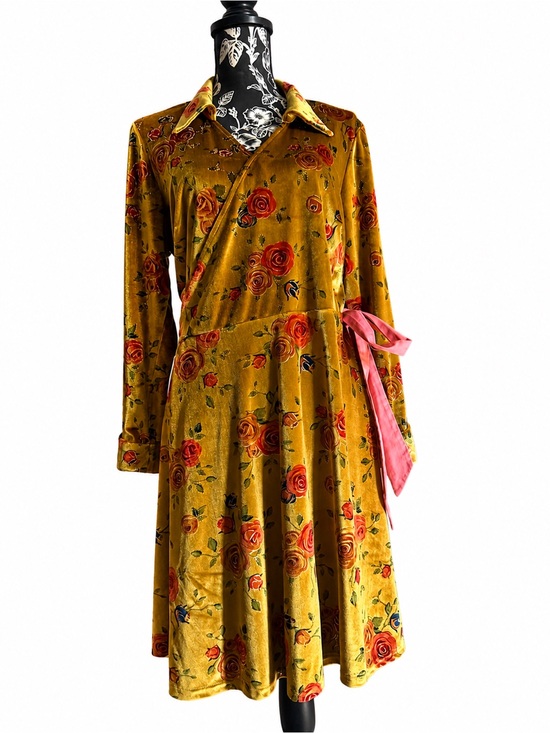 Unique Vintage Dresses & Skirts - Unique Vintage Mustard Yellow Floral Velvet Wrap Dress with Pink Tie